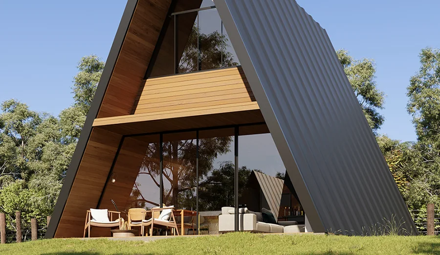 Visualização arquitetônica de chalé A-frame da Promove